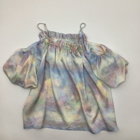 FATE Tie Dye Watercolor Pink Blue Cold Shoulder Ballon Sleeve Blouse Small - Picture 3 of 5